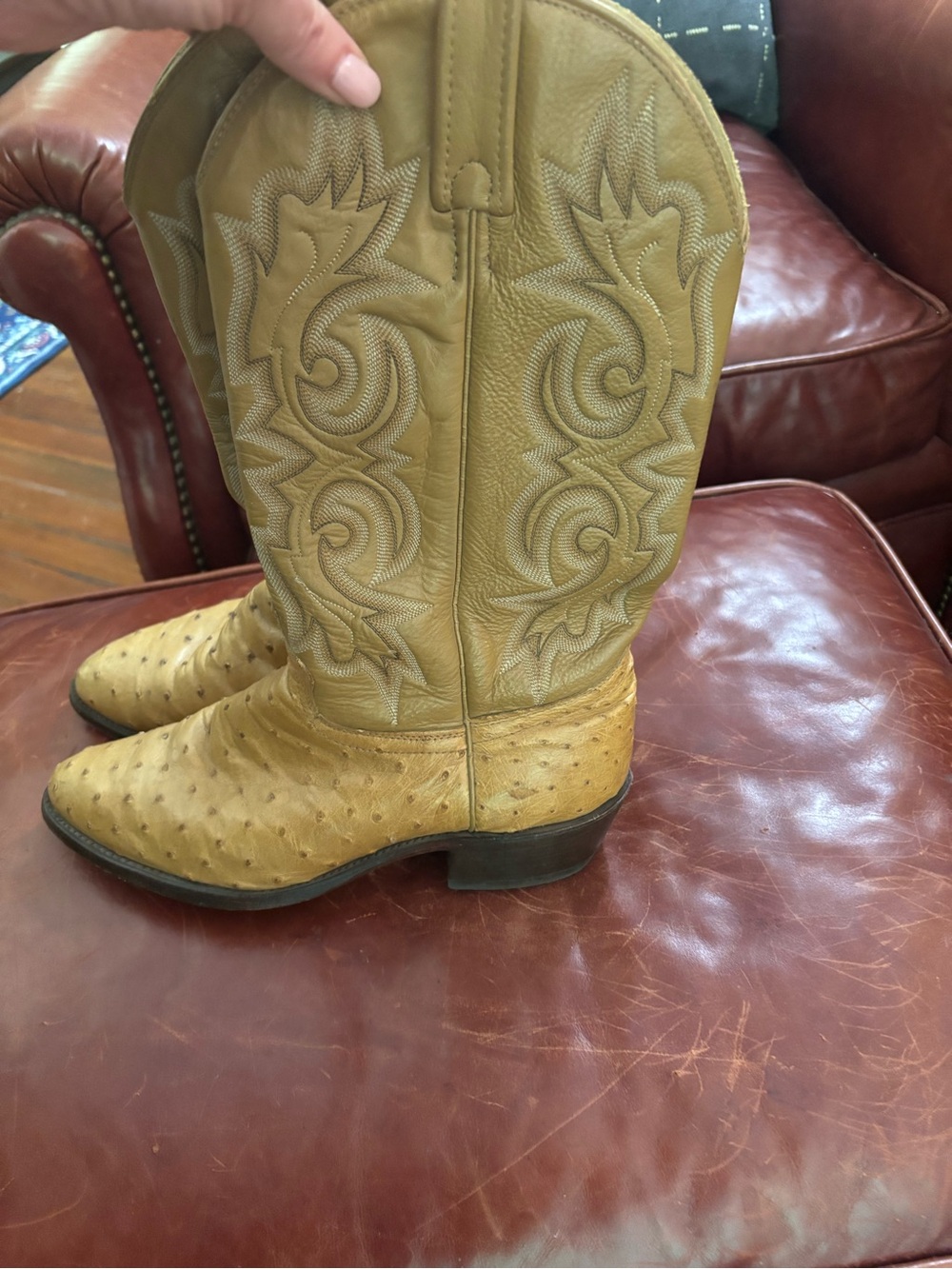 Men's Tan Ostrich Leather Cowboy Boots - Western Pull-On